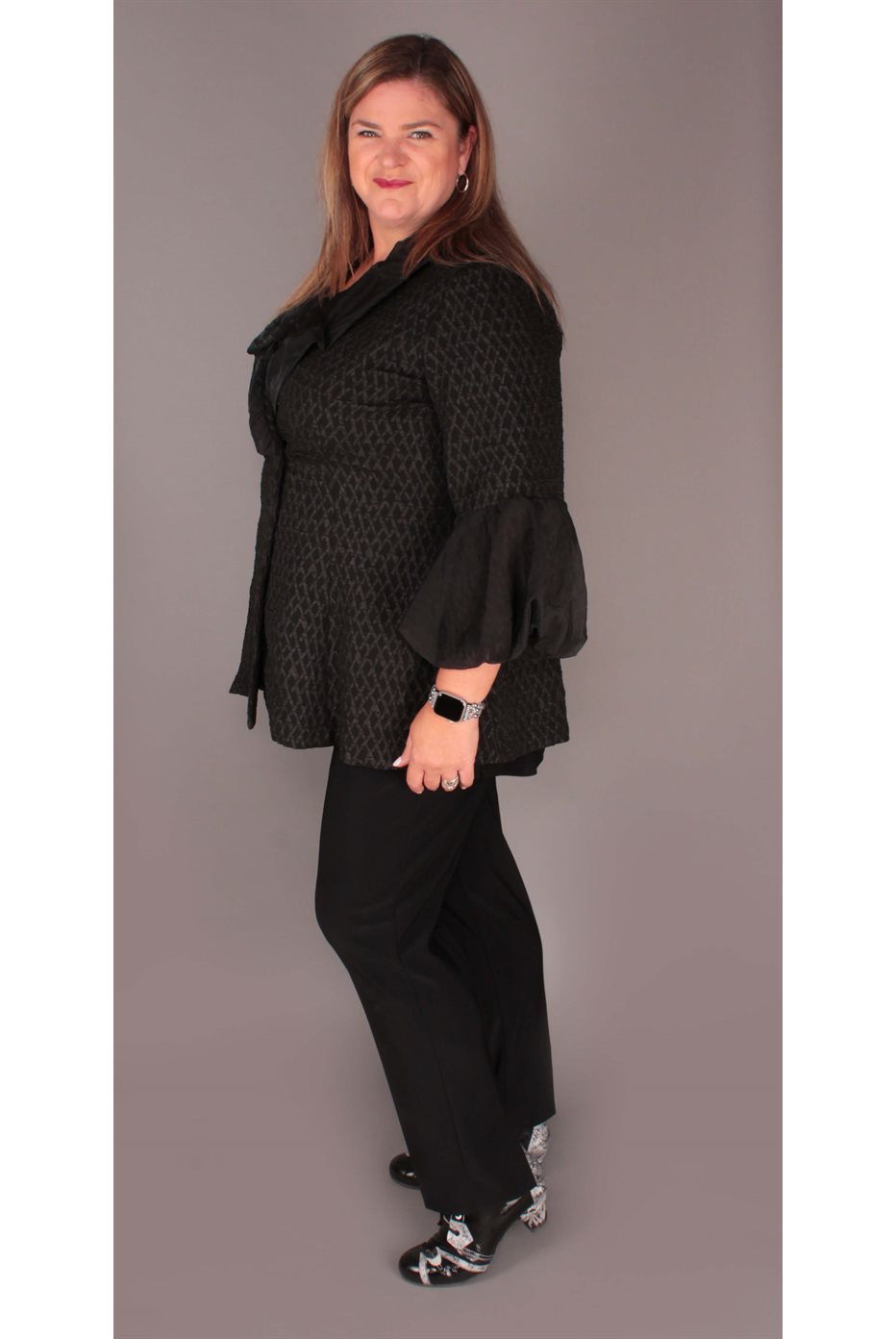 Black Jacquard Flare Jacket with Organza Puff Sleeves